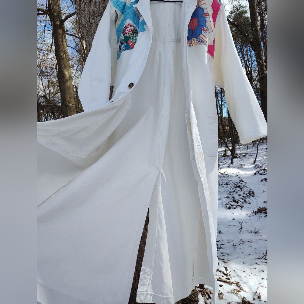 White Quilted Duster Jacket Upcycled Patchwork KAS Originals 80s Cotton One Size - Picture 12 of 16